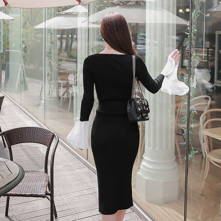CM-DY087095 Women Elegant Seoul Style Slim Split Splice Long Sleeve Dress - Black