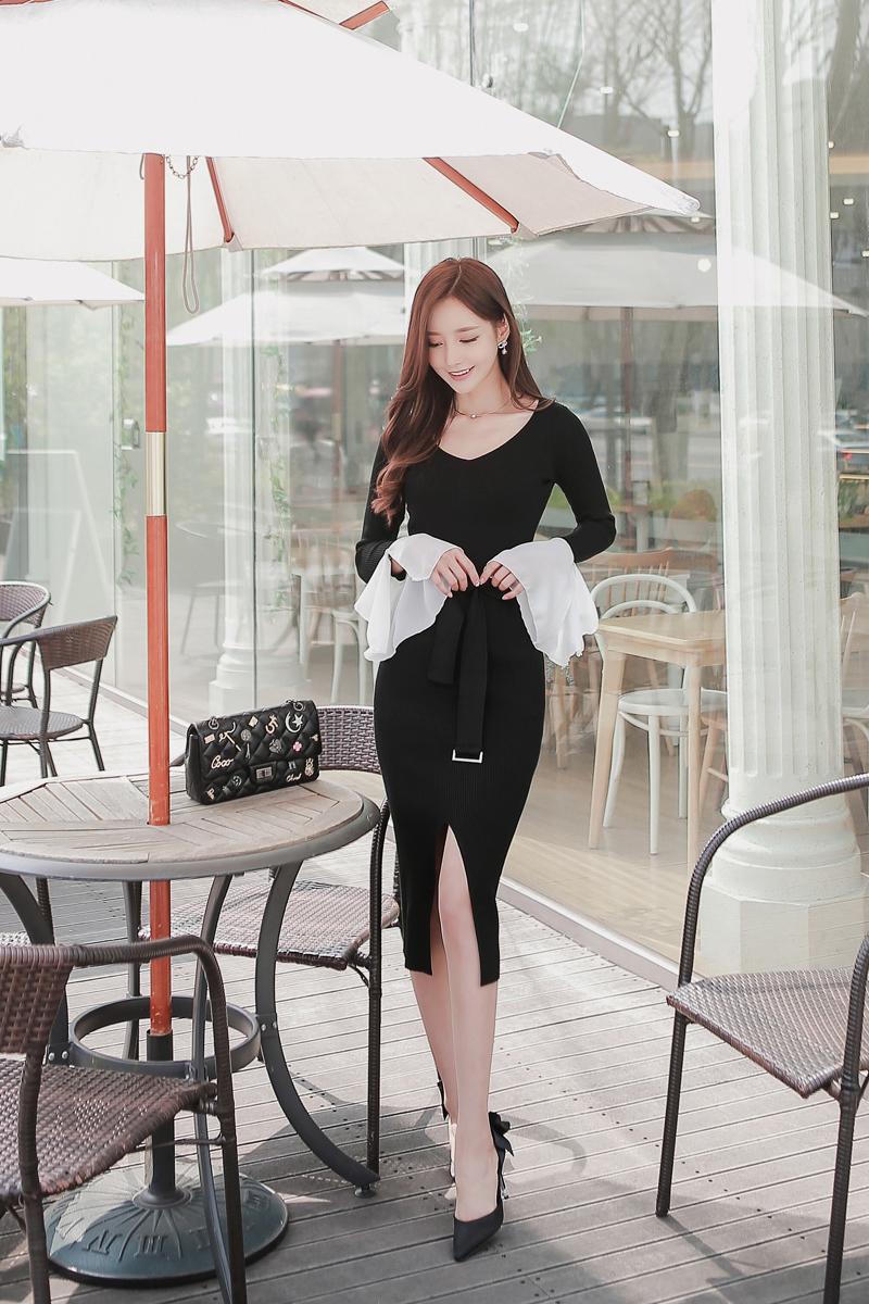 CM-DY087095 Women Elegant Seoul Style Slim Split Splice Long Sleeve Dress - Black