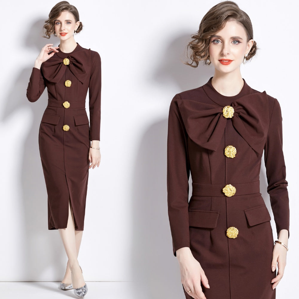 CM-DY087127 Women Elegant European Style Split Bow Round Neck Pinched Waist Long Sleeve Midi Dress - Brown