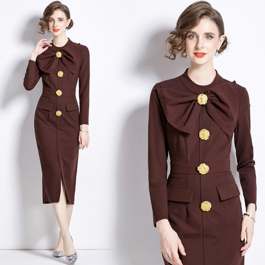 CM-DY087127 Women Elegant European Style Split Bow Round Neck Pinched Waist Long Sleeve Midi Dress - Brown