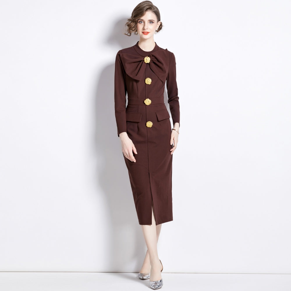 CM-DY087127 Women Elegant European Style Split Bow Round Neck Pinched Waist Long Sleeve Midi Dress - Brown