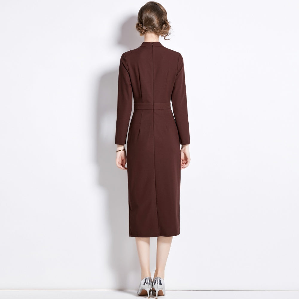 CM-DY087127 Women Elegant European Style Split Bow Round Neck Pinched Waist Long Sleeve Midi Dress - Brown