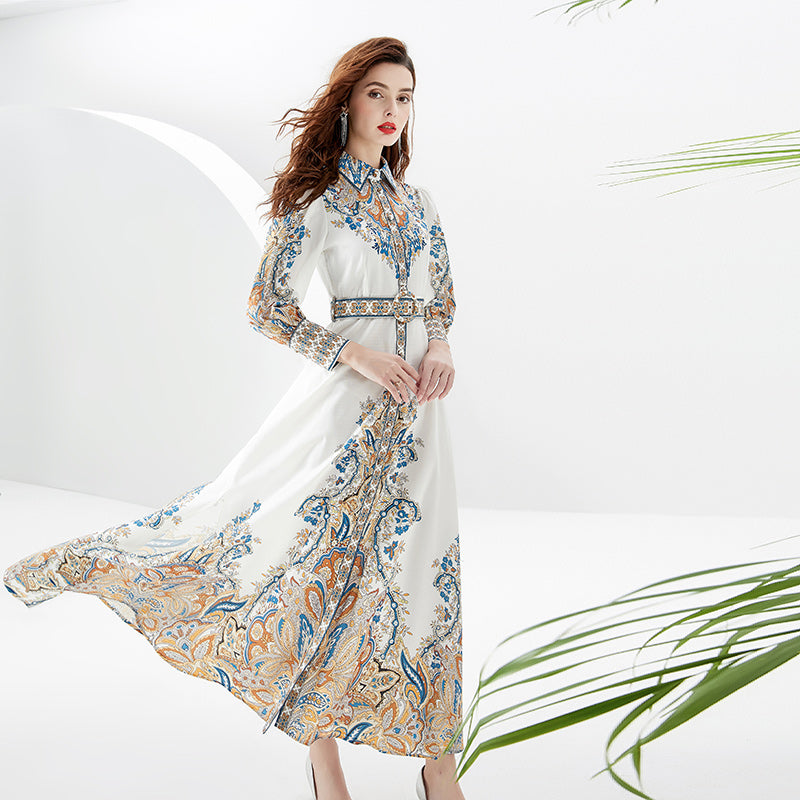 CM-DY087157 Women Retro European Style Court Lapel Lantern Sleeve Long Dress
