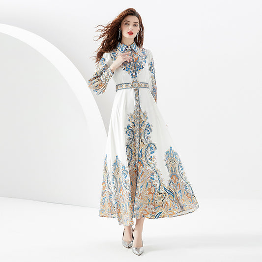 CM-DY087157 Women Retro European Style Court Lapel Lantern Sleeve Long Dress