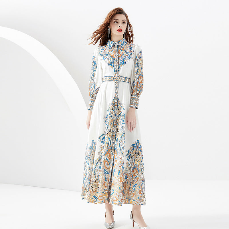 CM-DY087157 Women Retro European Style Court Lapel Lantern Sleeve Long Dress