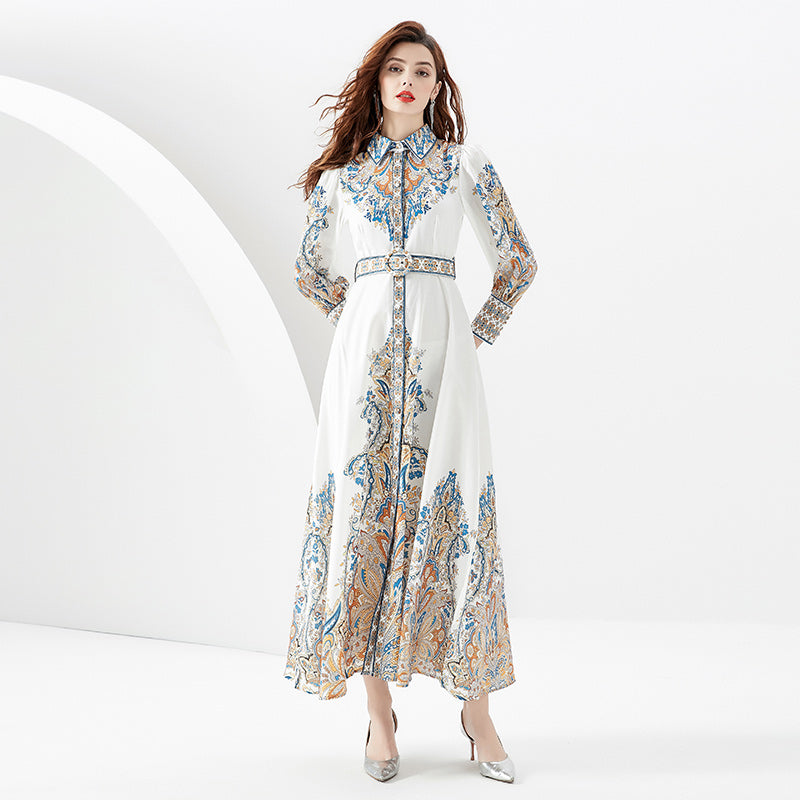 CM-DY087157 Women Retro European Style Court Lapel Lantern Sleeve Long Dress
