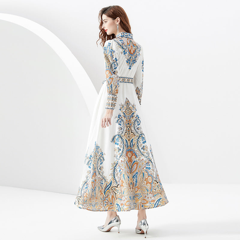 CM-DY087157 Women Retro European Style Court Lapel Lantern Sleeve Long Dress