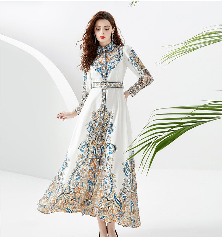 CM-DY087157 Women Retro European Style Court Lapel Lantern Sleeve Long Dress