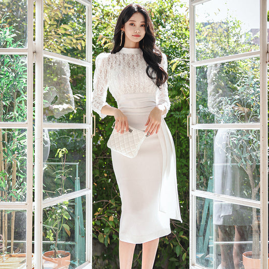 CM-DY087848 Women Elegant Seoul Style Stand Collar 3/4 Sleeve Midi Dress - White