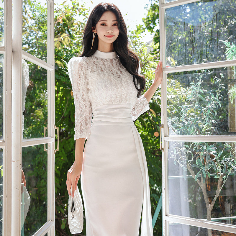 CM-DY087848 Women Elegant Seoul Style Stand Collar 3/4 Sleeve Midi Dress - White