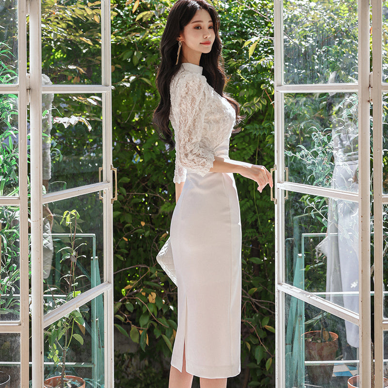 CM-DY087848 Women Elegant Seoul Style Stand Collar 3/4 Sleeve Midi Dress - White
