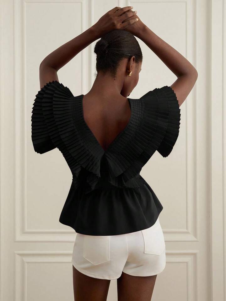 CM-TS444989 Women Elegant Seoul Style V-Neck Flounce Sleeve Multi-Layer Ruffle Pleated Blouse - Black