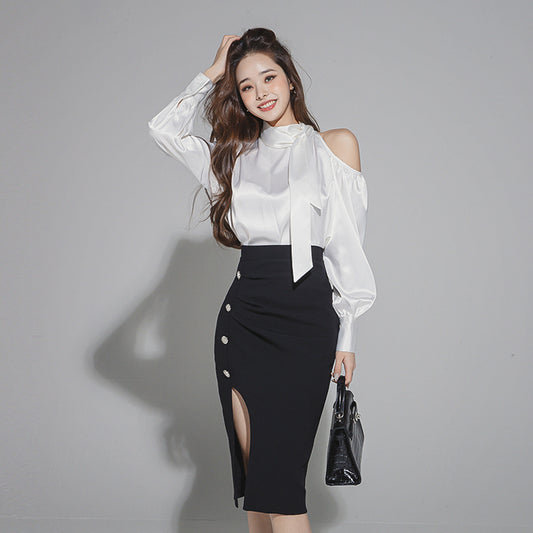 CM-DY088682 Women Elegant Seoul Style Cold Shoulder Tie Neck Blouse With Skirt - Set