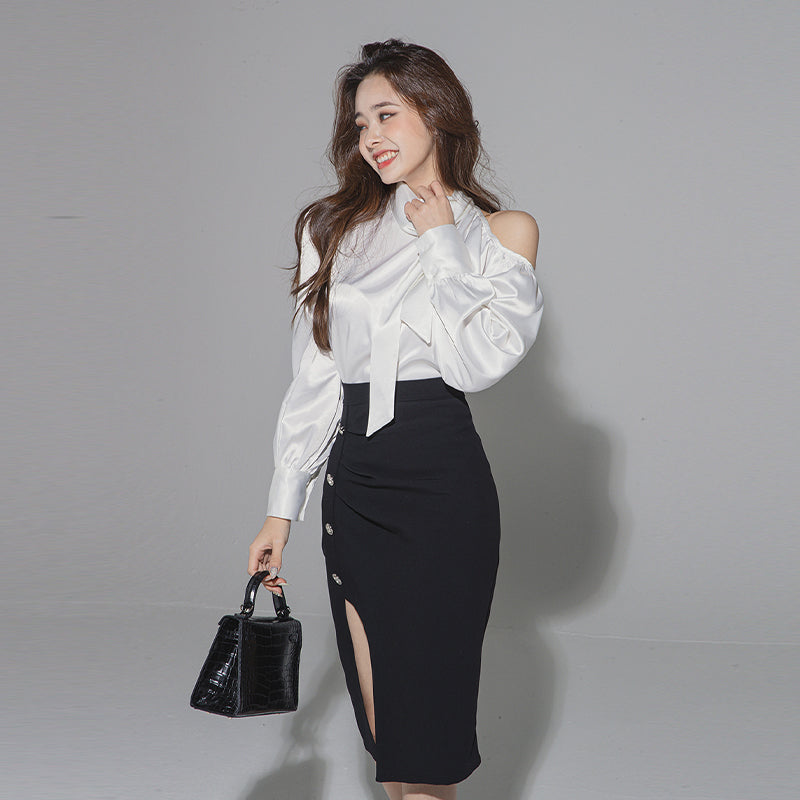 CM-DY088682 Women Elegant Seoul Style Cold Shoulder Tie Neck Blouse With Skirt - Set