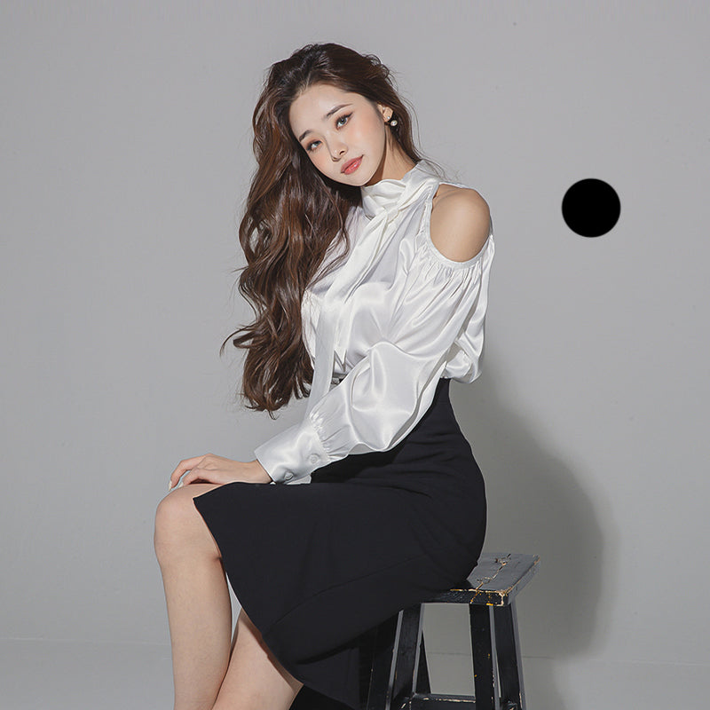 CM-DY088682 Women Elegant Seoul Style Cold Shoulder Tie Neck Blouse With Skirt - Set