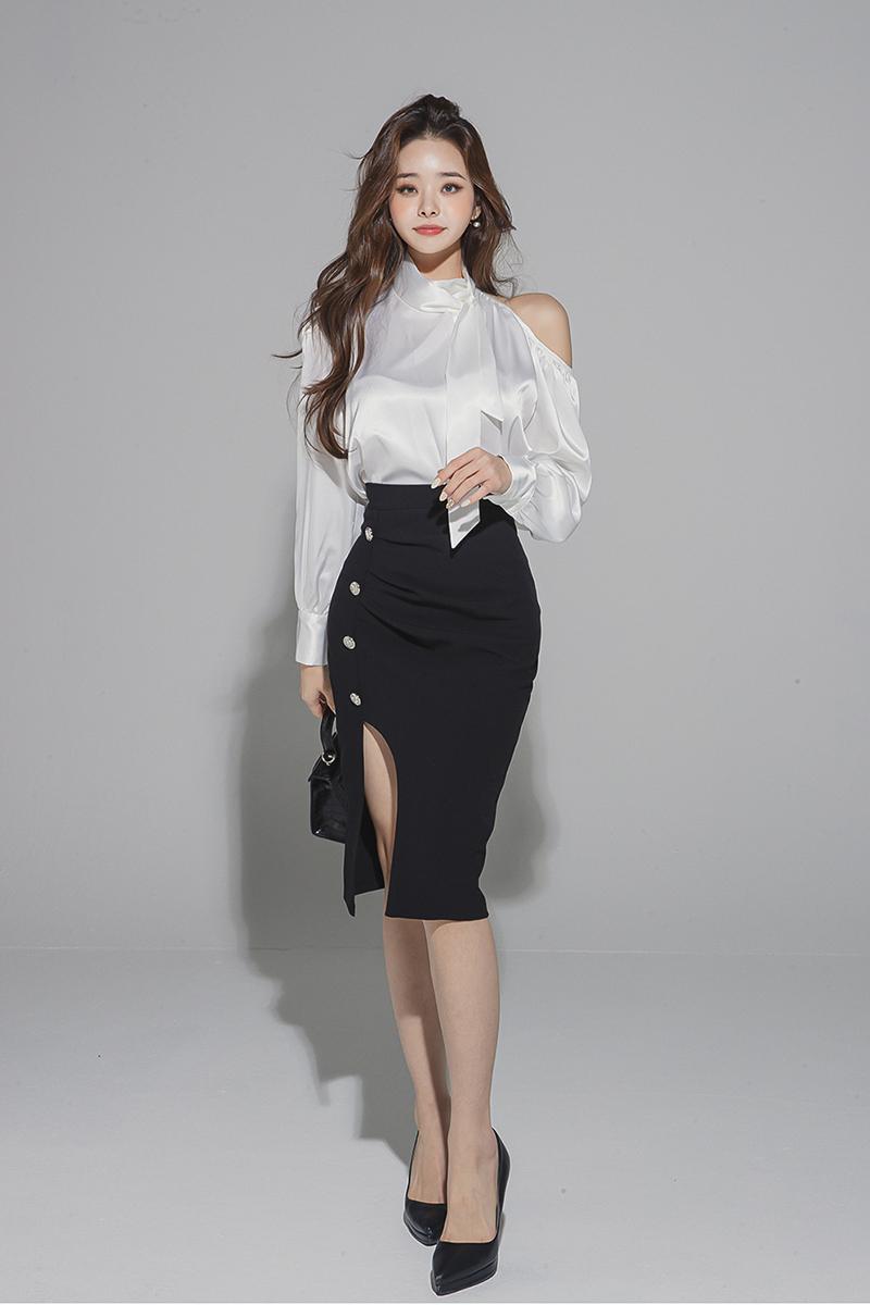 CM-DY088682 Women Elegant Seoul Style Cold Shoulder Tie Neck Blouse With Skirt - Set