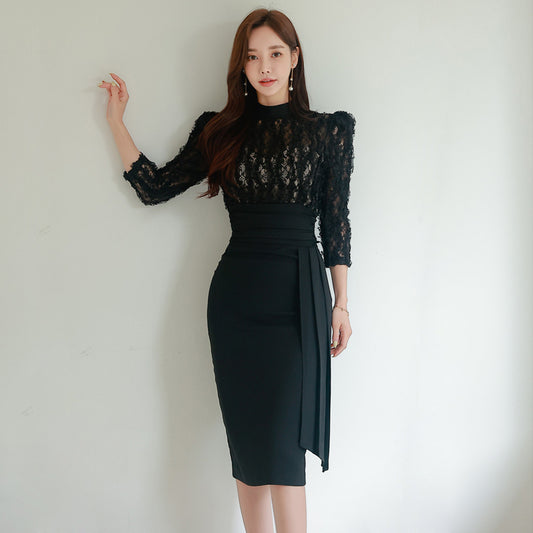 CM-DY088692 Women Elegant Seoul Style Lace Stand Collar Pinched Waist Long Dress