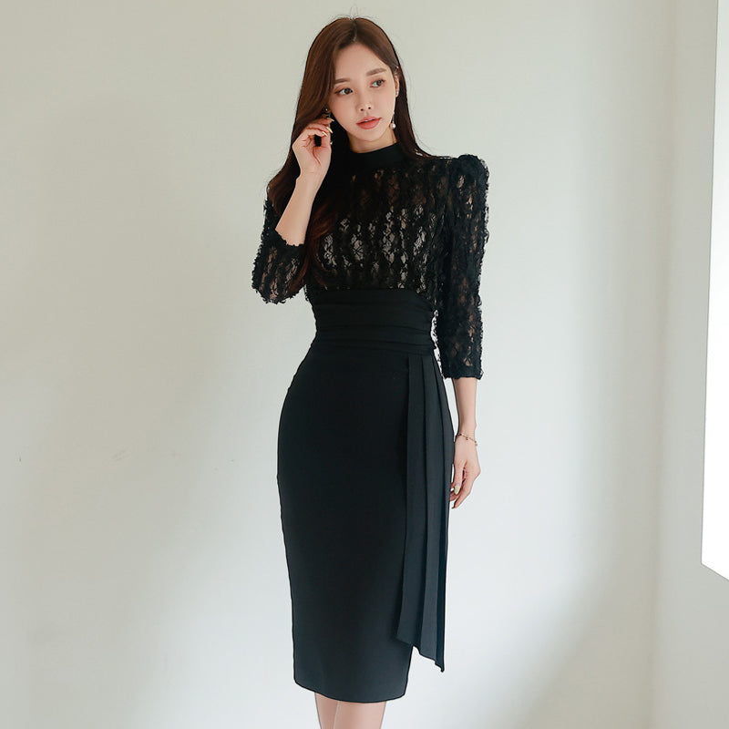 CM-DY088692 Women Elegant Seoul Style Lace Stand Collar Pinched Waist Long Dress