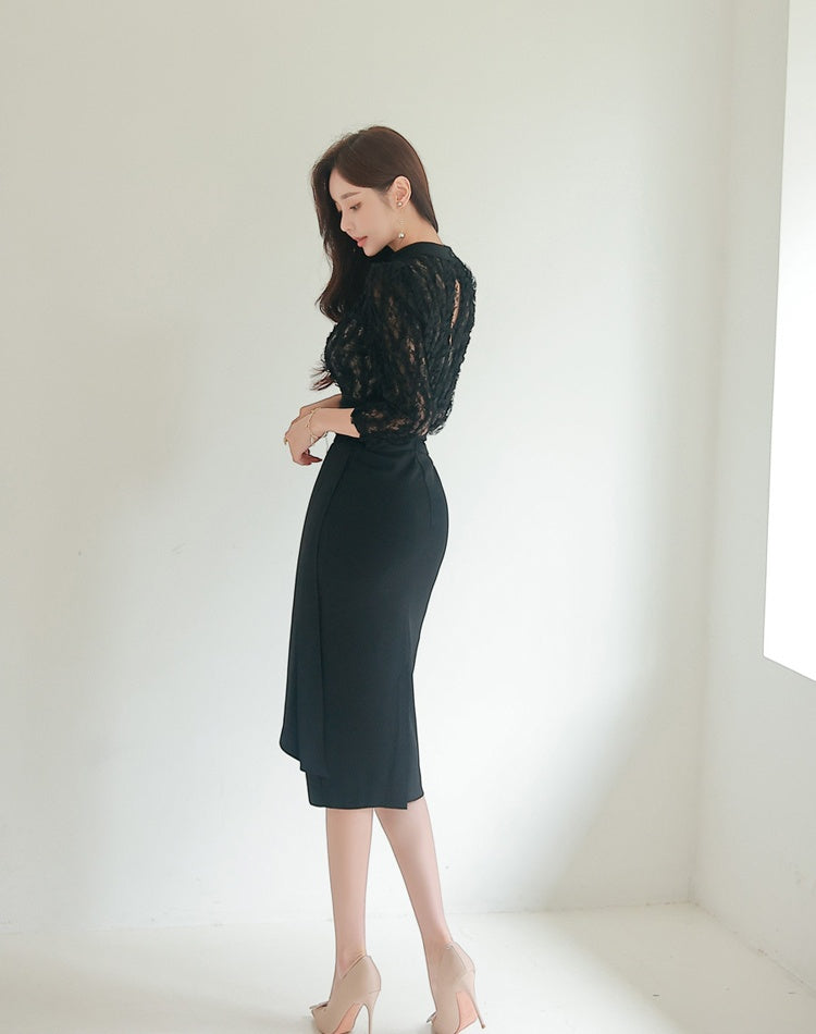 CM-DY088692 Women Elegant Seoul Style Lace Stand Collar Pinched Waist Long Dress