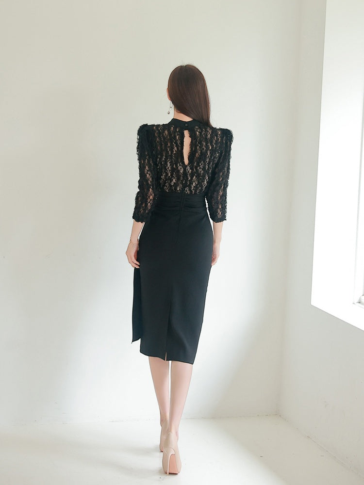 CM-DY088692 Women Elegant Seoul Style Lace Stand Collar Pinched Waist Long Dress
