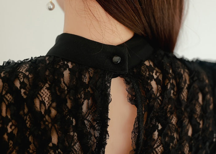 CM-DY088692 Women Elegant Seoul Style Lace Stand Collar Pinched Waist Long Dress