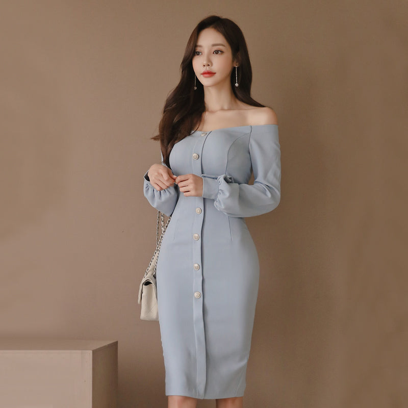 CM-DY088693 Women Elegant Seoul Style Off Shoulder Long Sleeve Midi Dress