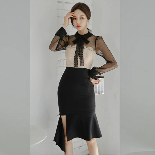 CM-DY088695 Women Elegant Seoul Style Bow Neckline Long Sleeve Midi Dress