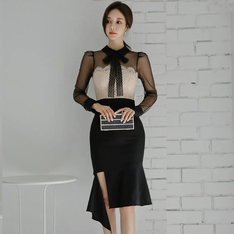 CM-DY088695 Women Elegant Seoul Style Bow Neckline Long Sleeve Midi Dress
