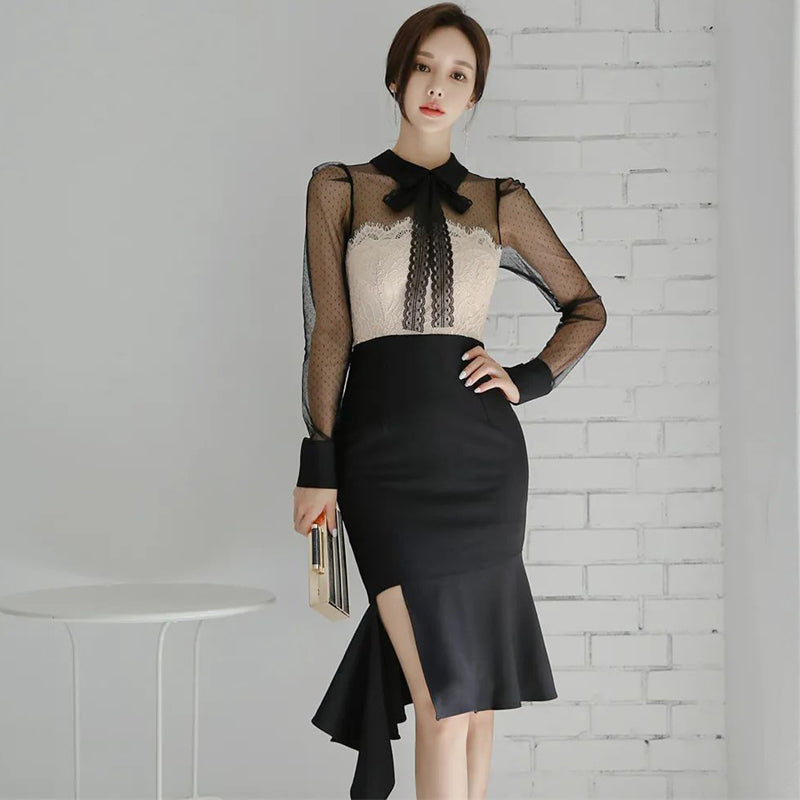 CM-DY088695 Women Elegant Seoul Style Bow Neckline Long Sleeve Midi Dress