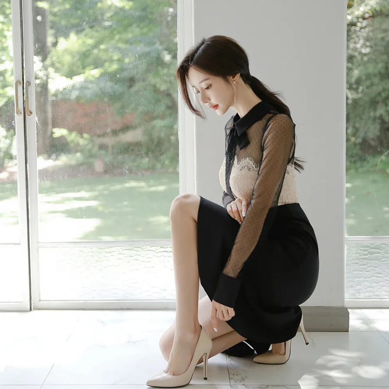 CM-DY088695 Women Elegant Seoul Style Bow Neckline Long Sleeve Midi Dress