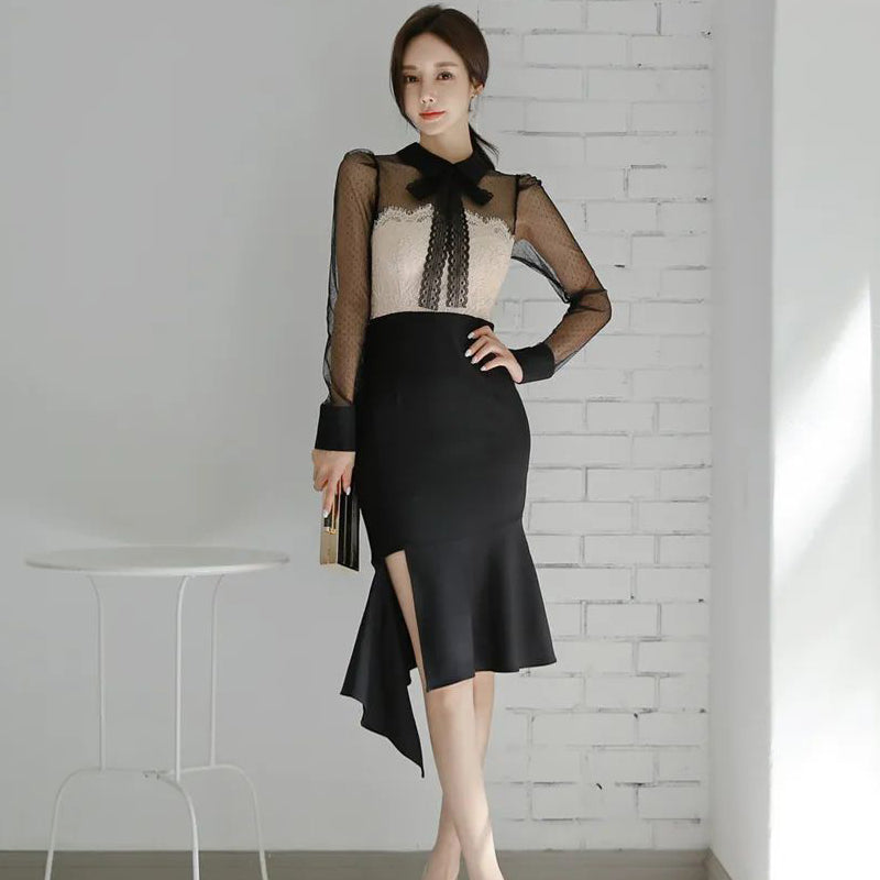 CM-DY088695 Women Elegant Seoul Style Bow Neckline Long Sleeve Midi Dress
