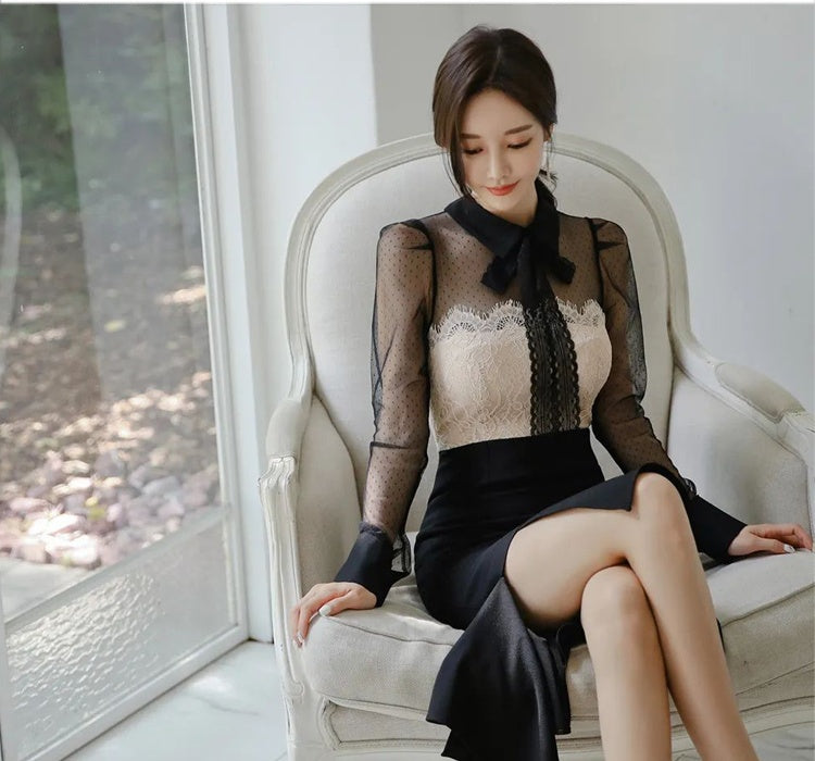 CM-DY088695 Women Elegant Seoul Style Bow Neckline Long Sleeve Midi Dress