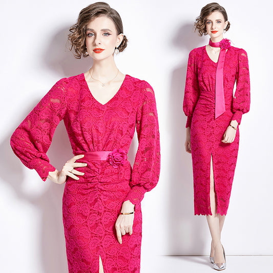 CM-DY088696 Women Elegant European Style V-Neck Lantern Sleeve Midi Dress