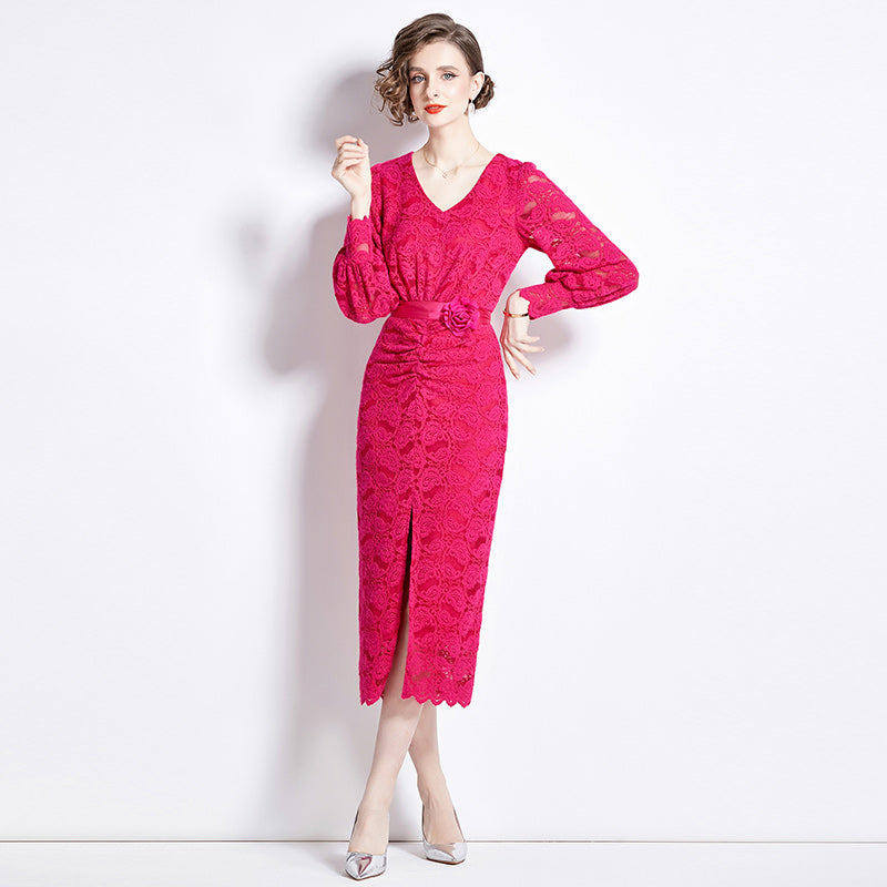 CM-DY088696 Women Elegant European Style V-Neck Lantern Sleeve Midi Dress