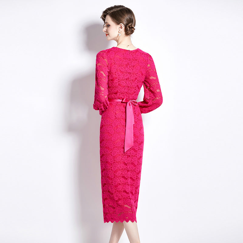 CM-DY088696 Women Elegant European Style V-Neck Lantern Sleeve Midi Dress