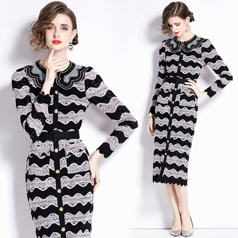 CM-DY088703 Women Elegant European Style Lace Round Neck Long Sleeve Midi Dress