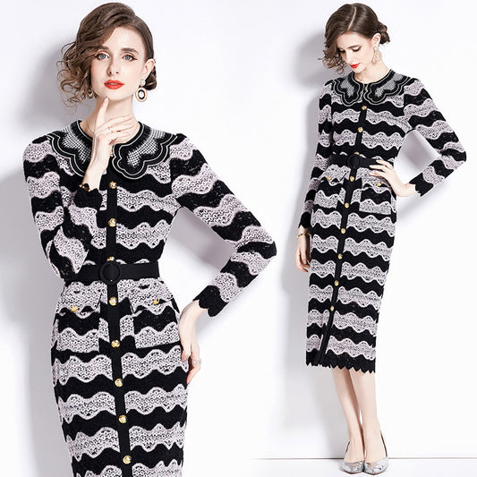 CM-DY088703 Women Elegant European Style Lace Round Neck Long Sleeve Midi Dress