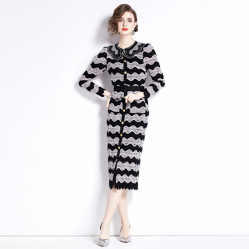 CM-DY088703 Women Elegant European Style Lace Round Neck Long Sleeve Midi Dress