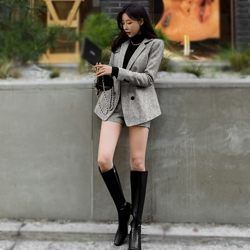 CM-SY089126 Women Elegant Seoul Style Double Breasted Long Sleeve Blazer With Short Pants Suit