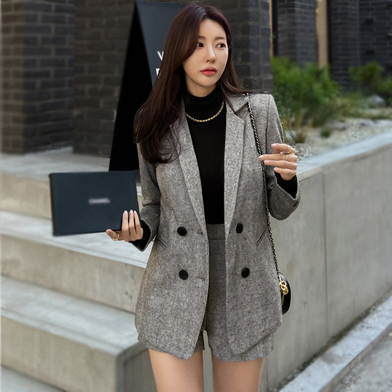 CM-SY089126 Women Elegant Seoul Style Double Breasted Long Sleeve Blazer With Short Pants Suit