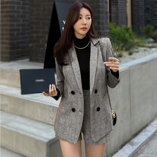 CM-SY089126 Women Elegant Seoul Style Double Breasted Long Sleeve Blazer With Short Pants Suit