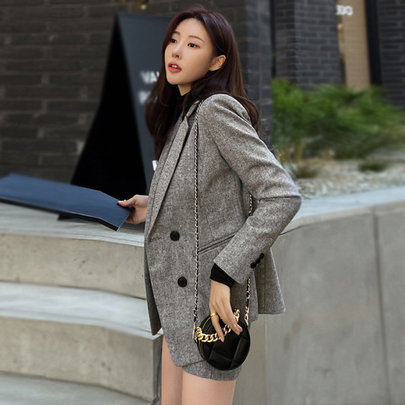 CM-SY089126 Women Elegant Seoul Style Double Breasted Long Sleeve Blazer With Short Pants Suit