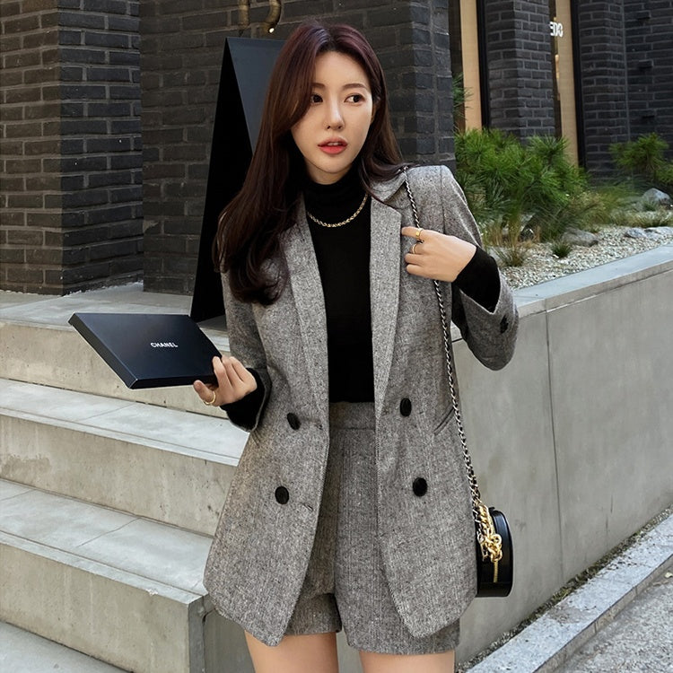 CM-SY089126 Women Elegant Seoul Style Double Breasted Long Sleeve Blazer With Short Pants Suit