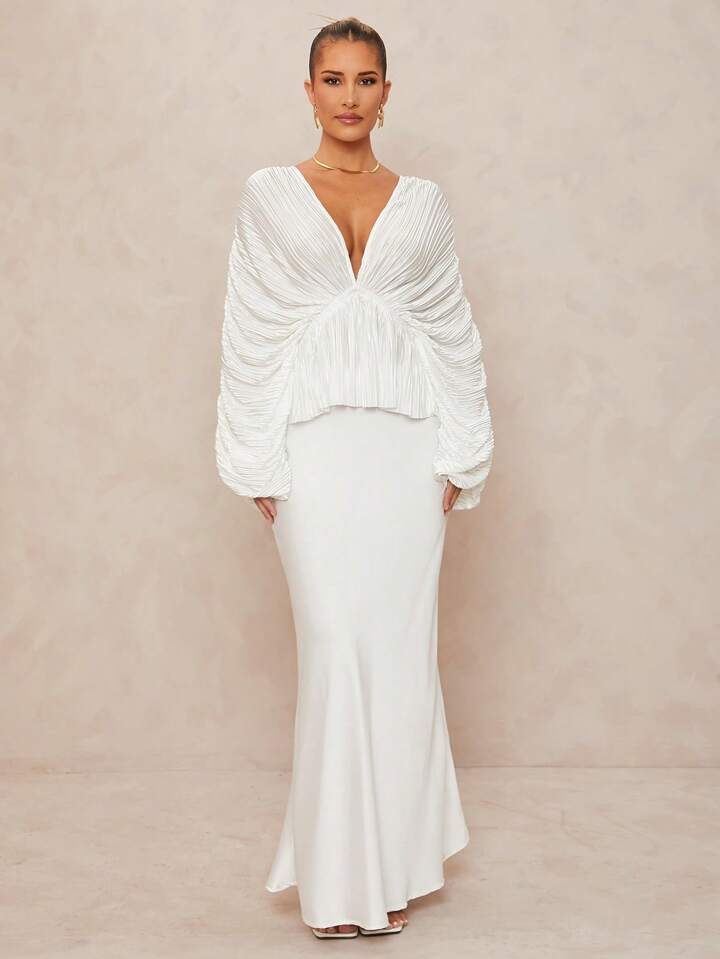 CM-TS219651 Women Elegant Seoul Style Deep V-Neck Long Sleeve Loose Fit Ruffled Hem  Oversized Blouse - White
