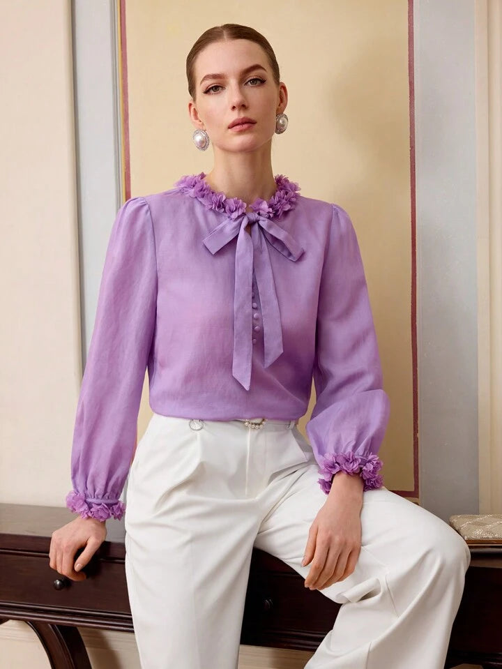 CM-TS111041 Women Elegant Seoul Style Appliques Tie Neck Long Sleeve Linen Blouse - Mauve Purple