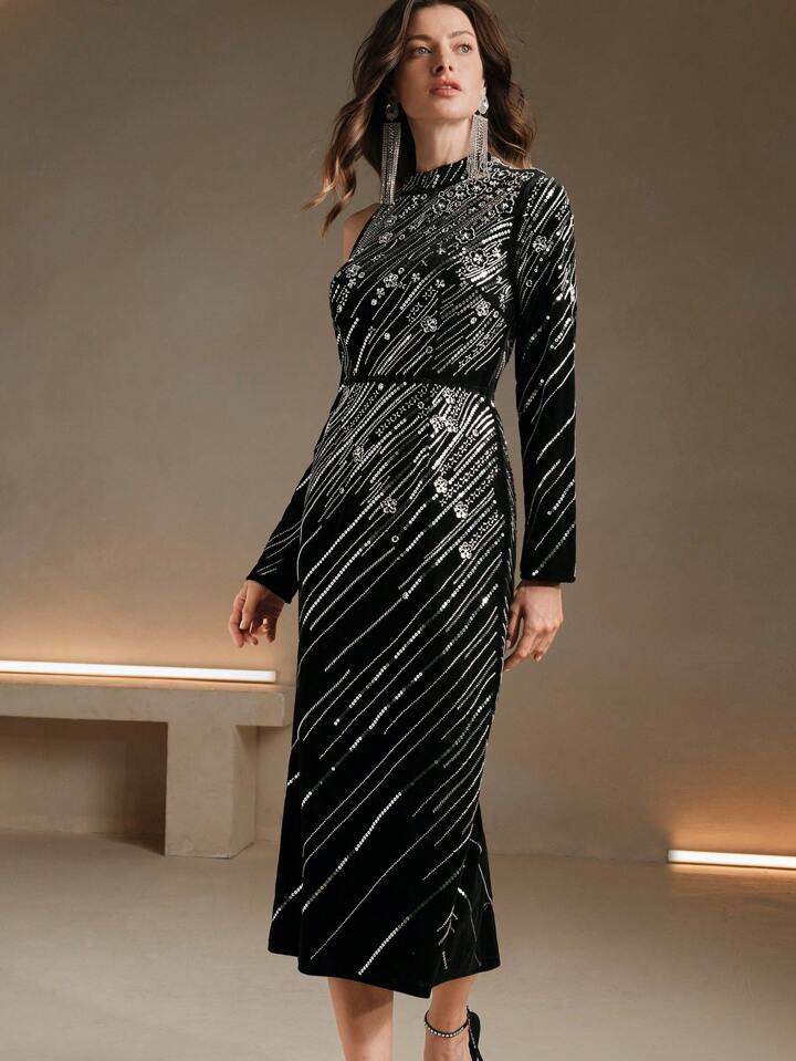 CM-DS045644 Women Elegant Seoul Style Stand Collar Off Shoulder Long Sleeve Fitted Sequin Embellished Dress