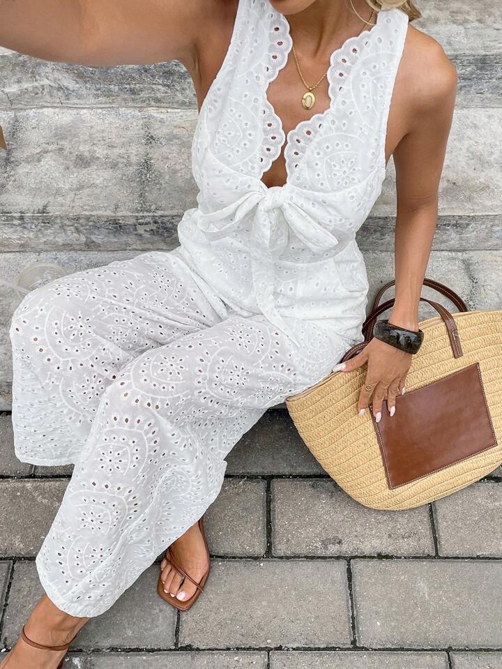 CM-JS594598 Women Trendy Bohemian Style Solid Color Halter Neckline Sleeveless Jumpsuit - White