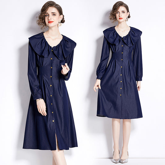 CM-DY090431 Women Elegant European Style Leaf Collar Long Sleeve Denim Dress - Navy Blue