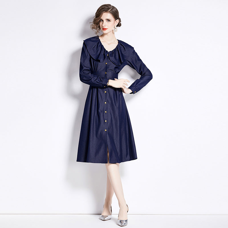 CM-DY090431 Women Elegant European Style Leaf Collar Long Sleeve Denim Dress - Navy Blue
