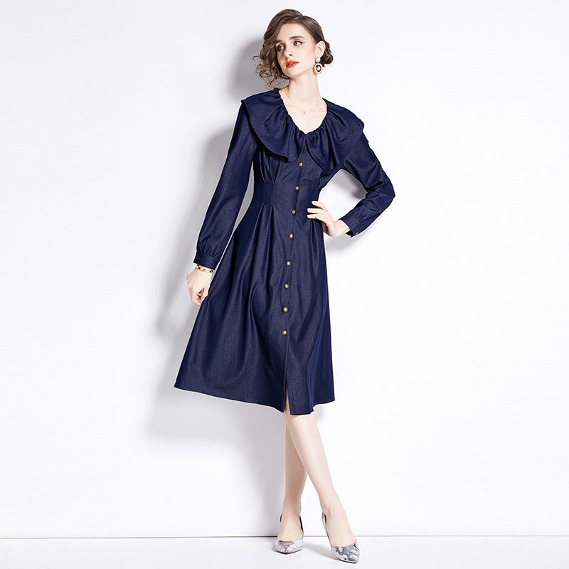 CM-DY090431 Women Elegant European Style Leaf Collar Long Sleeve Denim Dress - Navy Blue